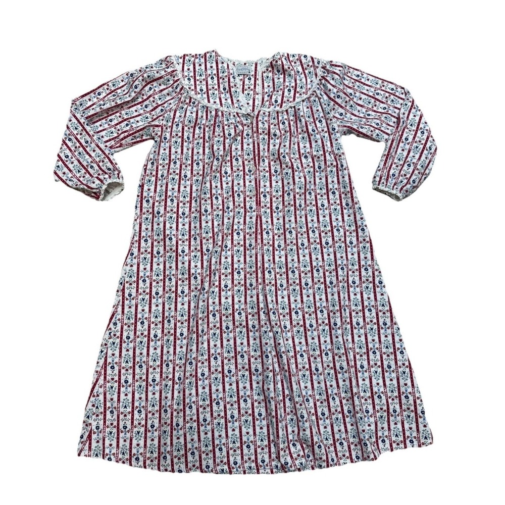 Vtg Lanz of Salzburg Foral W Burgundy Stipes Long Flannel Nightgown- M